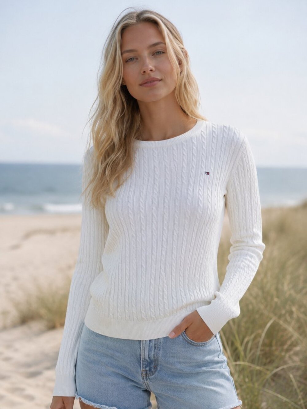 Tommy Hilfiger White Crew Neck Cable Knit Sweater Size XL